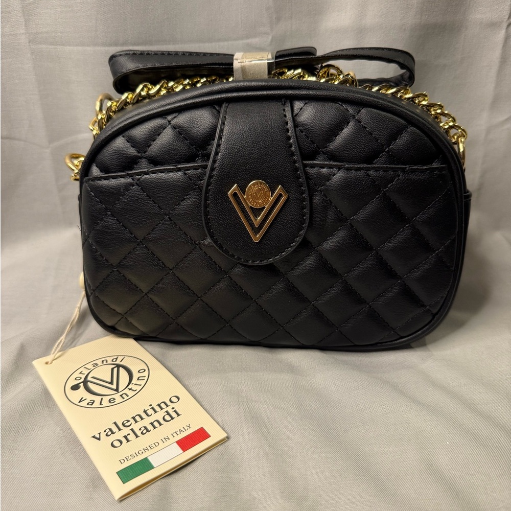 Valentino Orlandi Black and Gold Quilted Crossbody Bag
